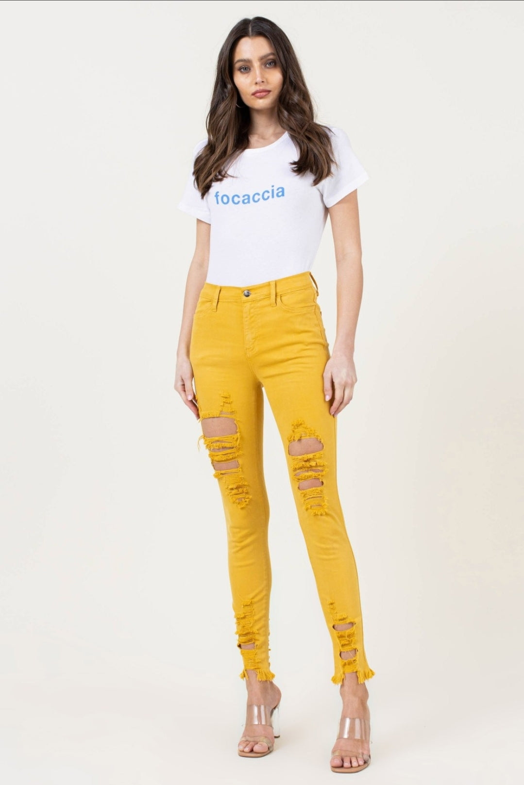 Hot Yellow Distressed Skinny Jeans buy now pay later