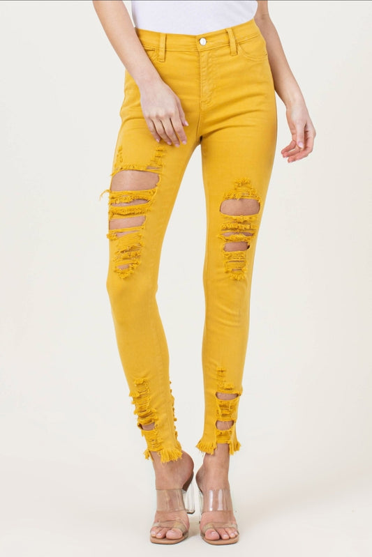 Hot Yellow Distressed Skinny Jeans buy now pay later