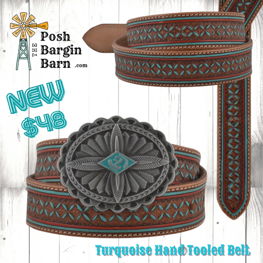 Copy of Ladies Western Tooled Turquoise & Red Leather Belt